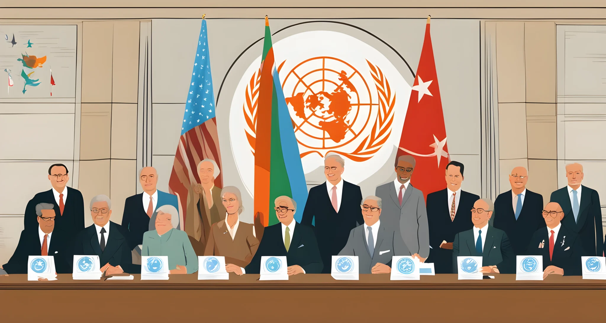 The image shows the signing of the United Nations founding documents.