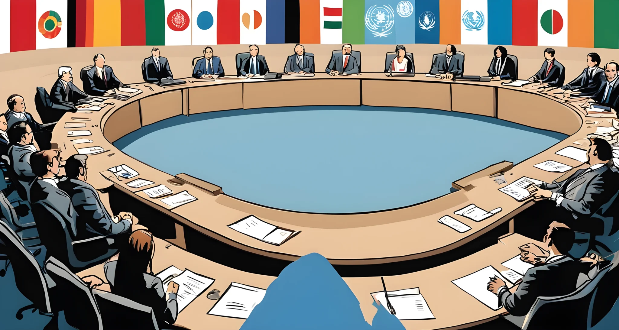 The image shows the UN flag and representatives from various countries meeting at a conference table.