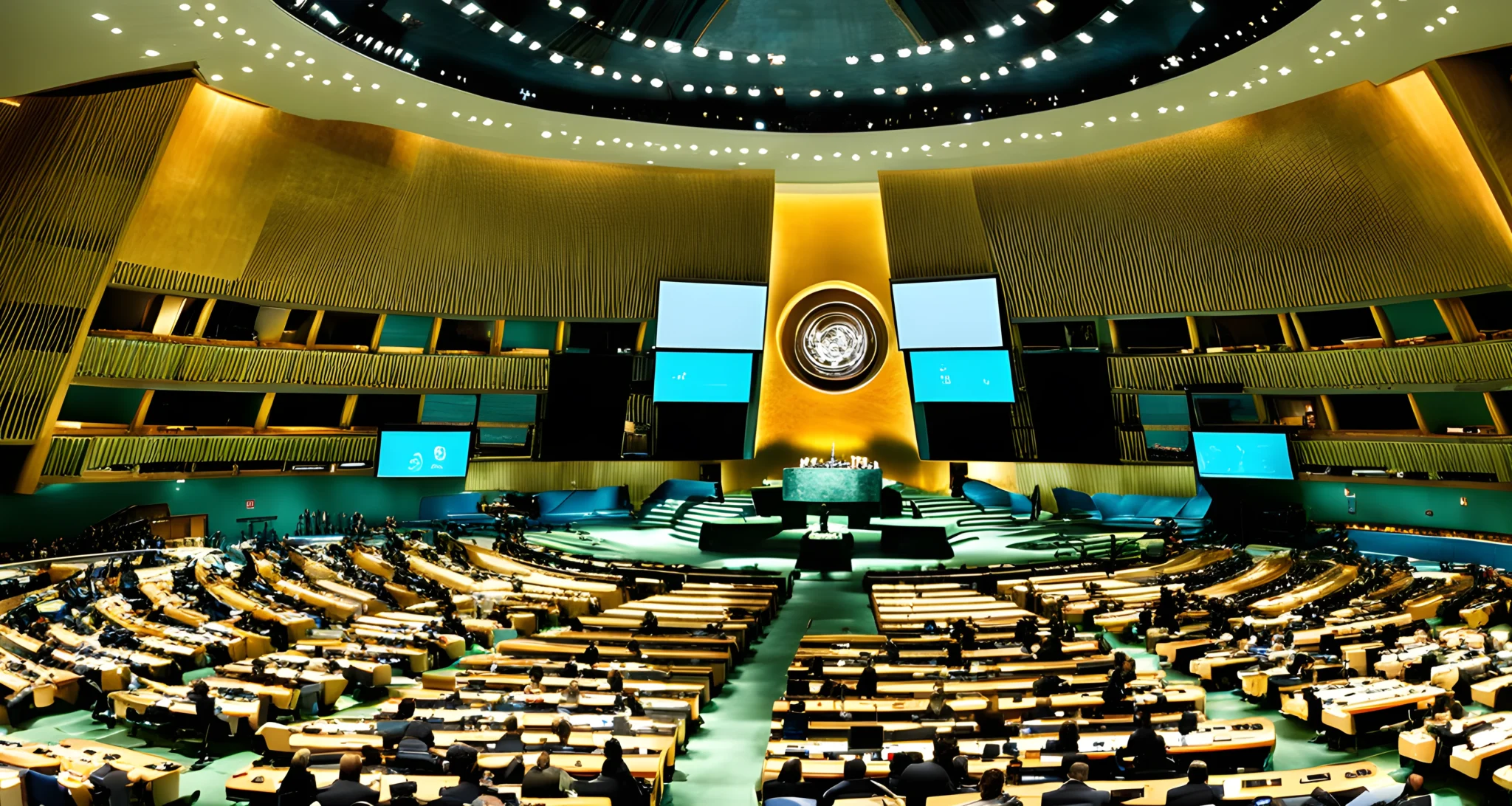 The image shows the UN General Assembly Hall with delegates from various countries participating in a session.