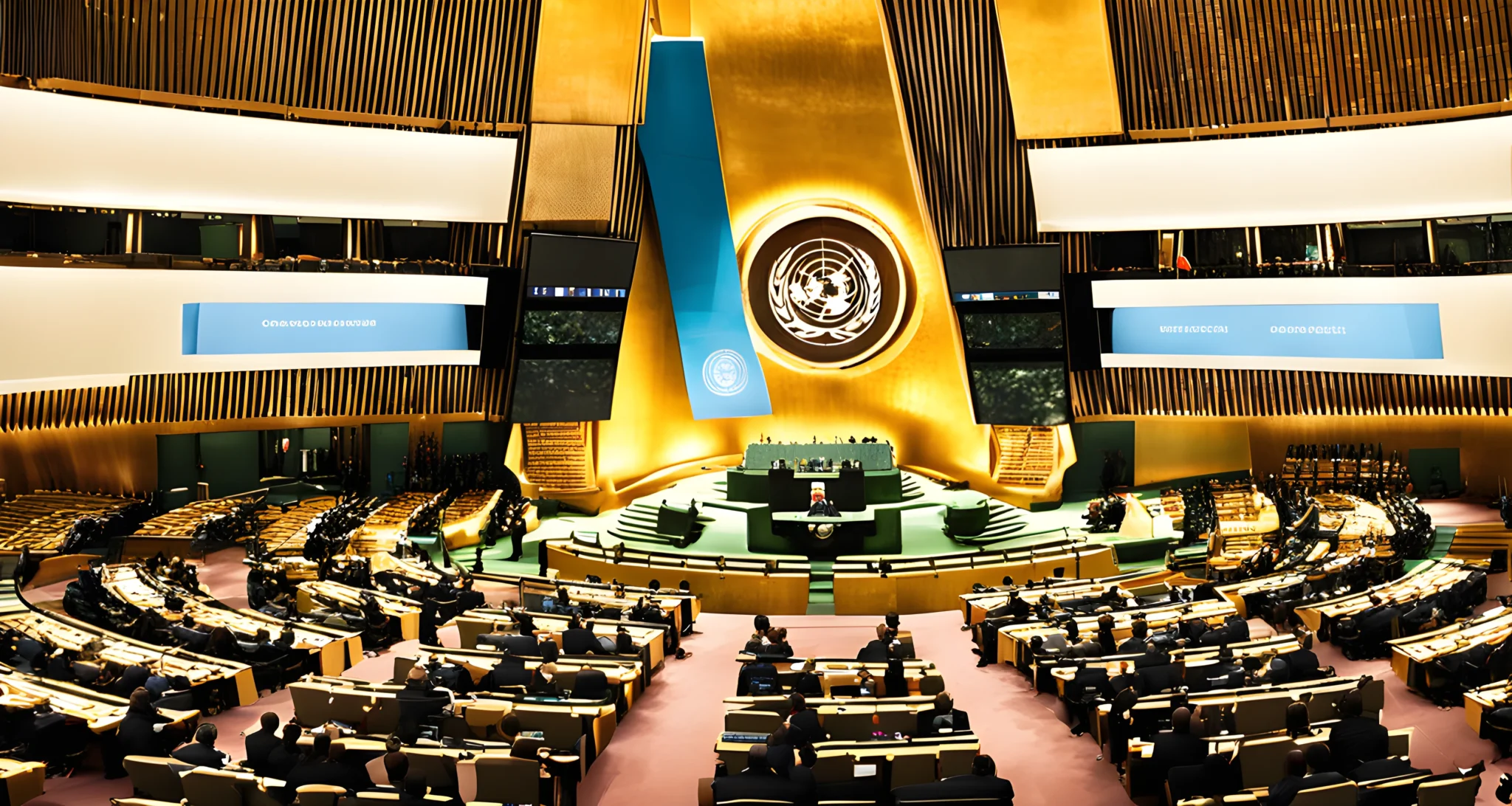 The image shows the UN General Assembly hall with world leaders sitting in front of a large podium.