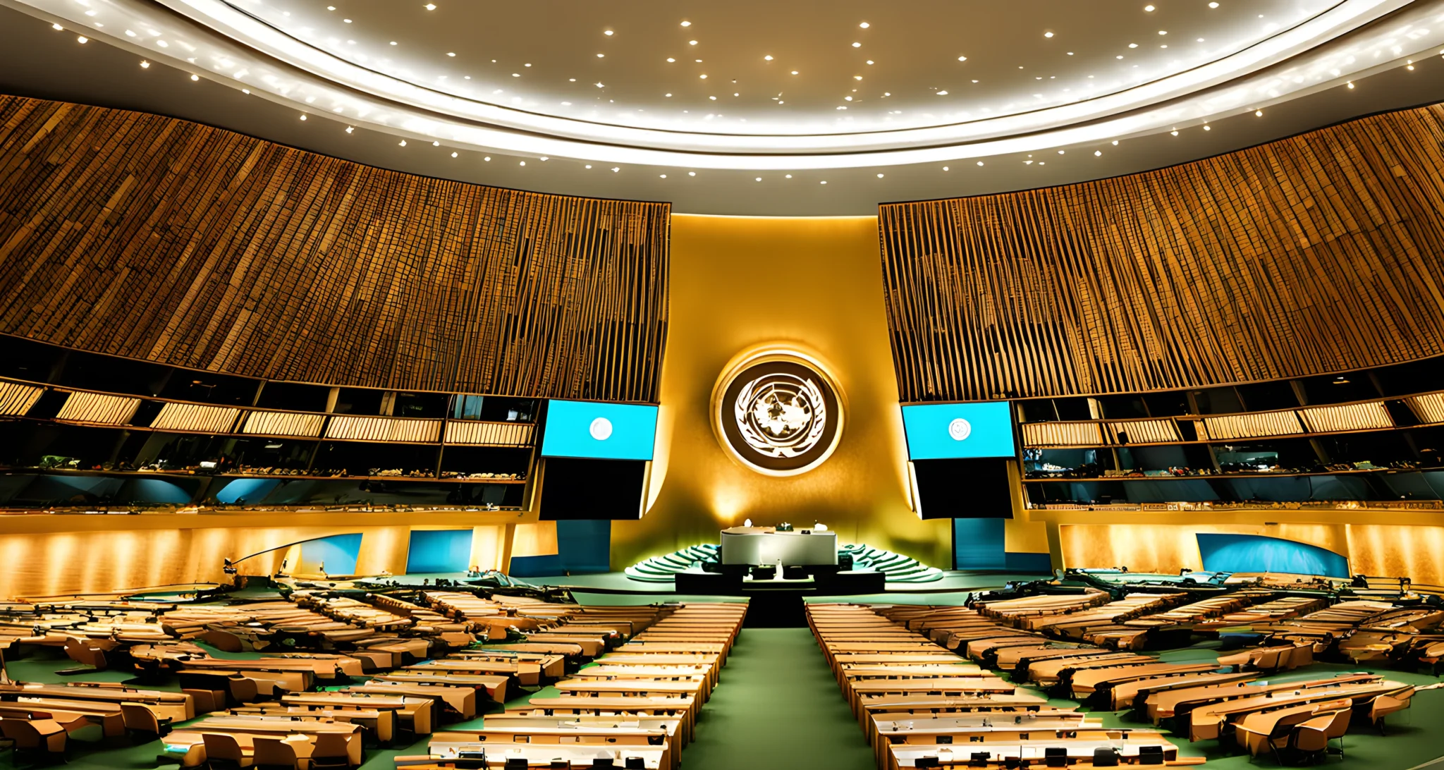 The image shows the UN headquarters in New York City, with a large, circular assembly hall and the iconic row of flags from member countries.