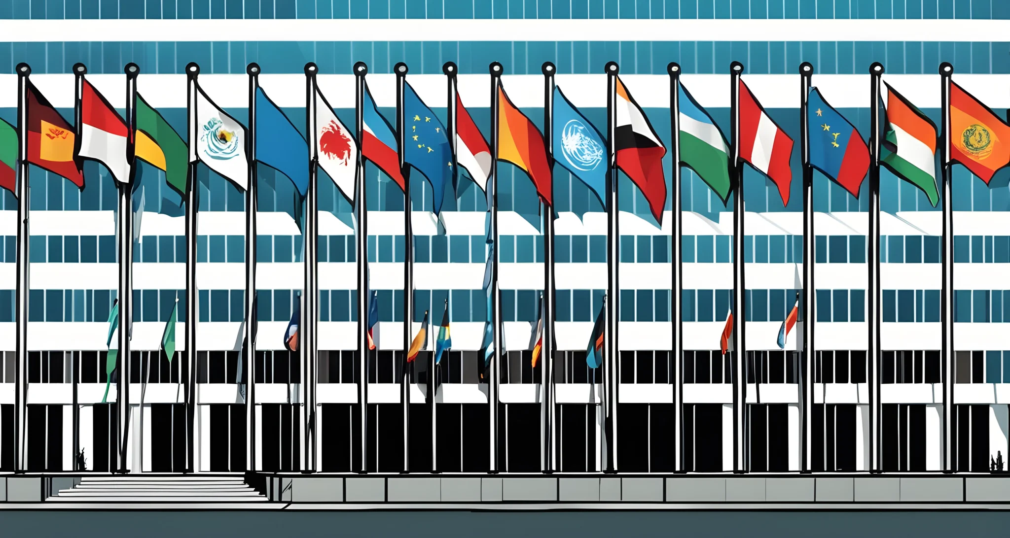 The image shows the UN headquarters in New York City, with the building's iconic glass facade and flags of member nations displayed in front.