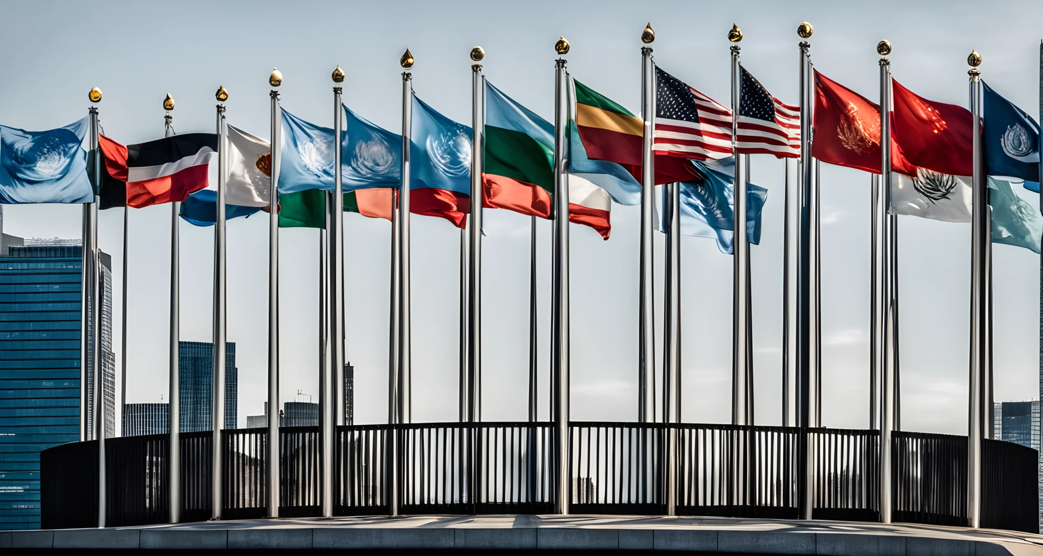 The image shows the United Nations building in New York City, with the organization's flag flying prominently in the foreground.