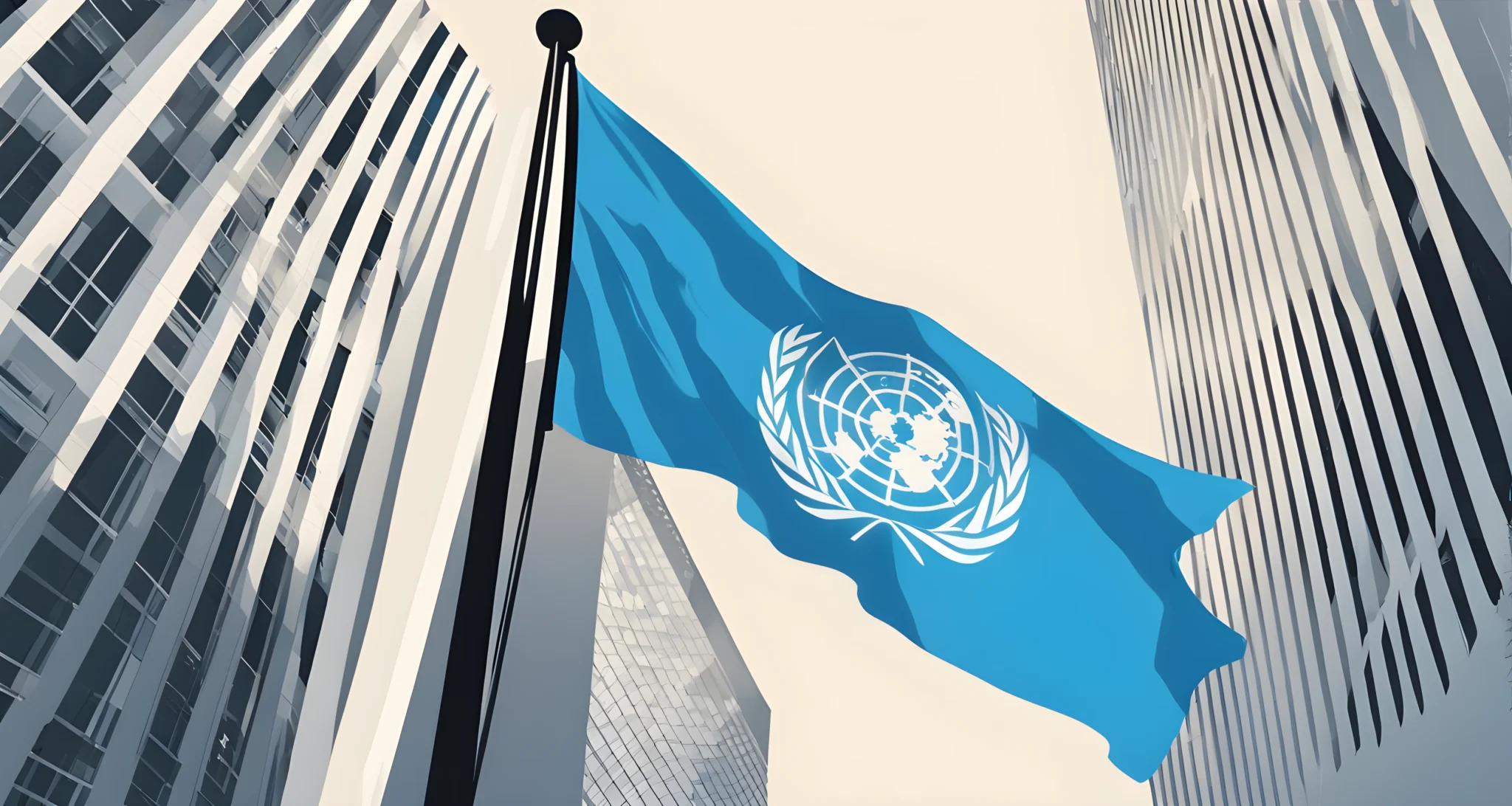 The image shows the United Nations building in New York City, with the UN flag flying prominently in the foreground.