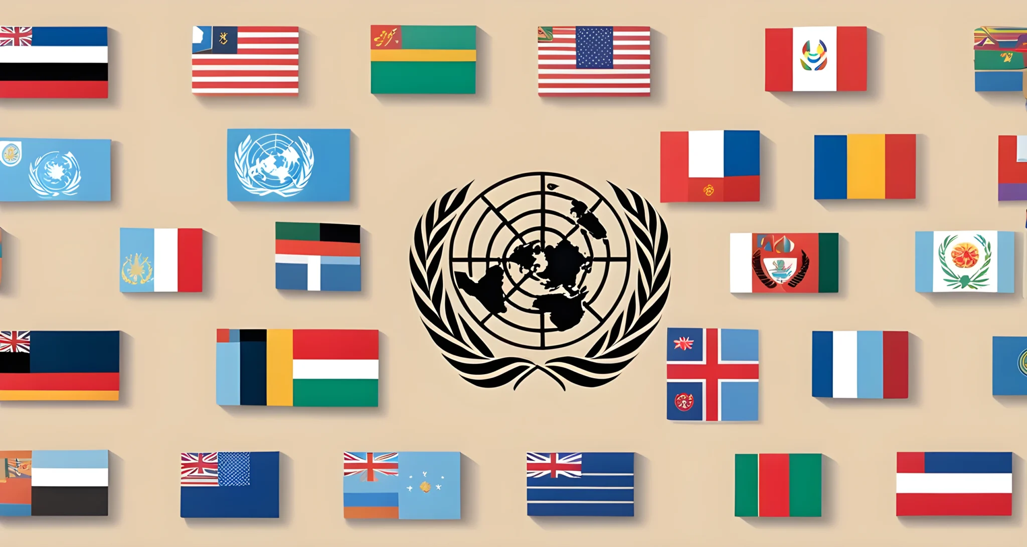 The image shows the United Nations emblem and flag, with representatives from various countries gathered for a meeting.