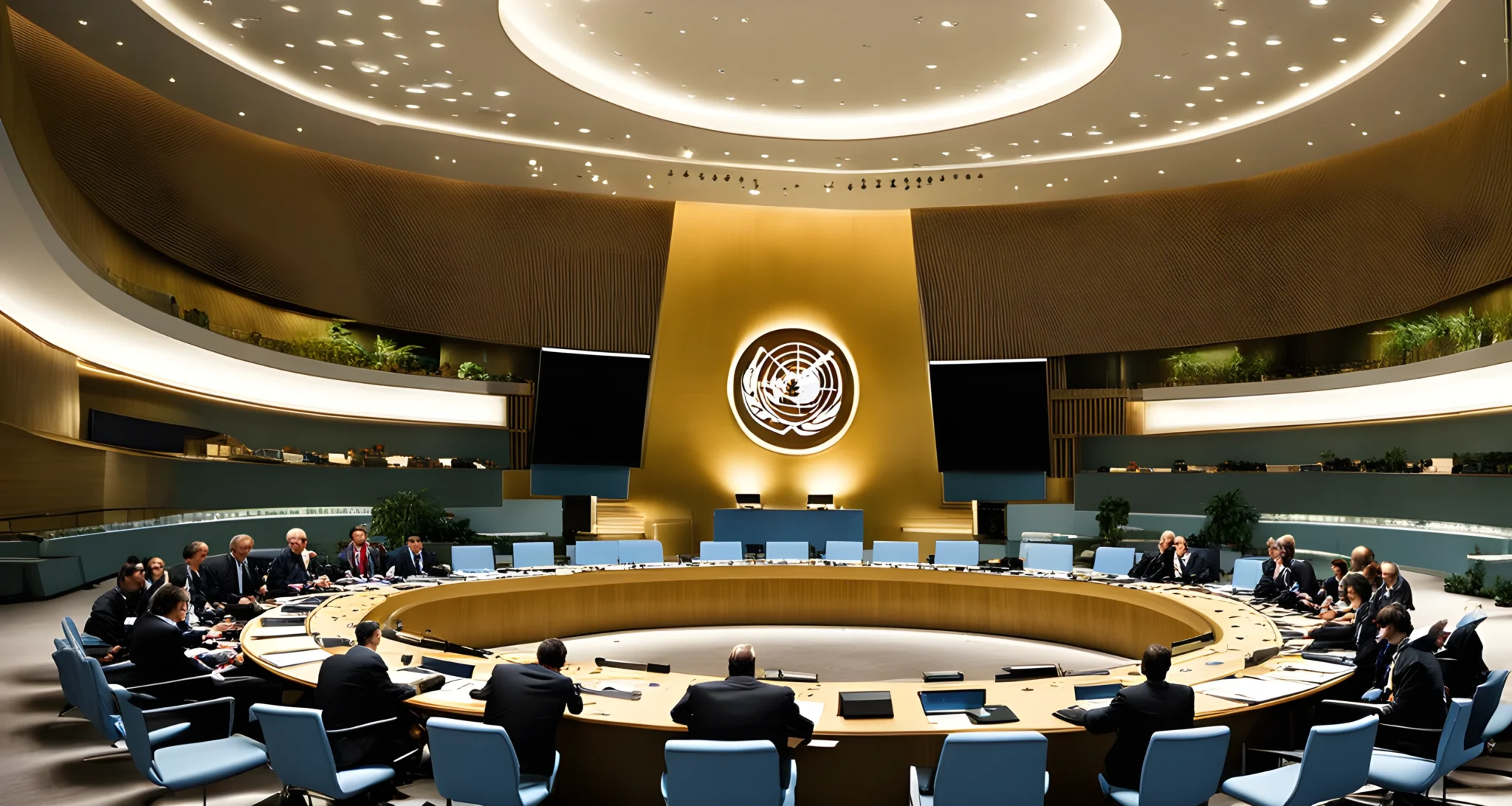 The image shows the United Nations emblem and flag, with representatives from different countries gathered in a meeting room.