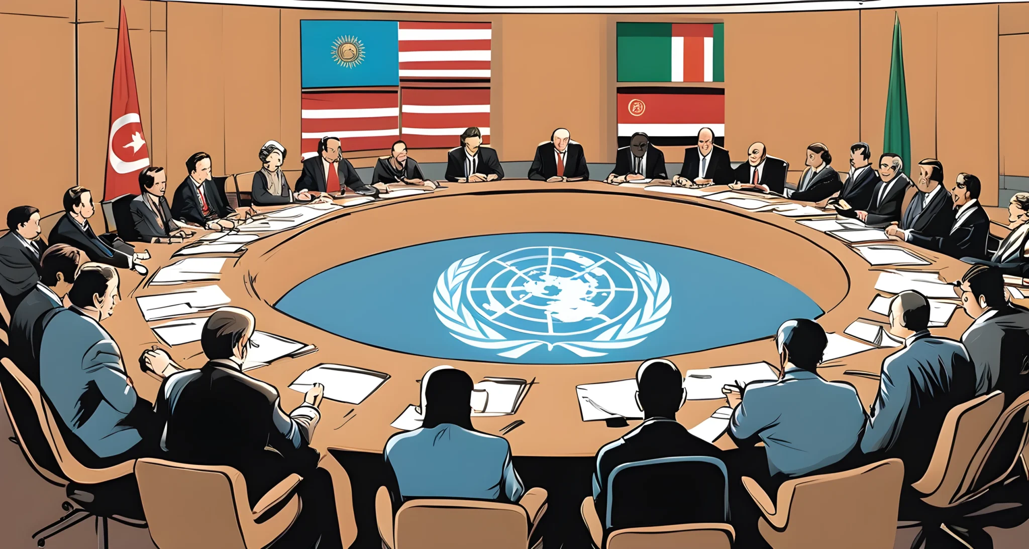 The image shows the United Nations emblem and flag, with a group of representatives from various countries gathered around a table for a meeting.