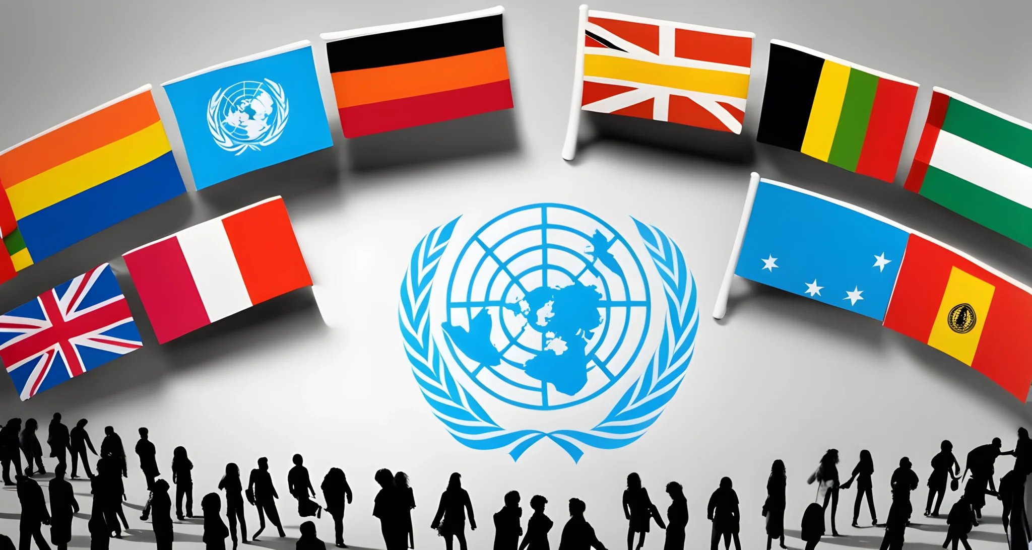 The image shows the United Nations flag, a globe, and diverse group of people from different cultures.