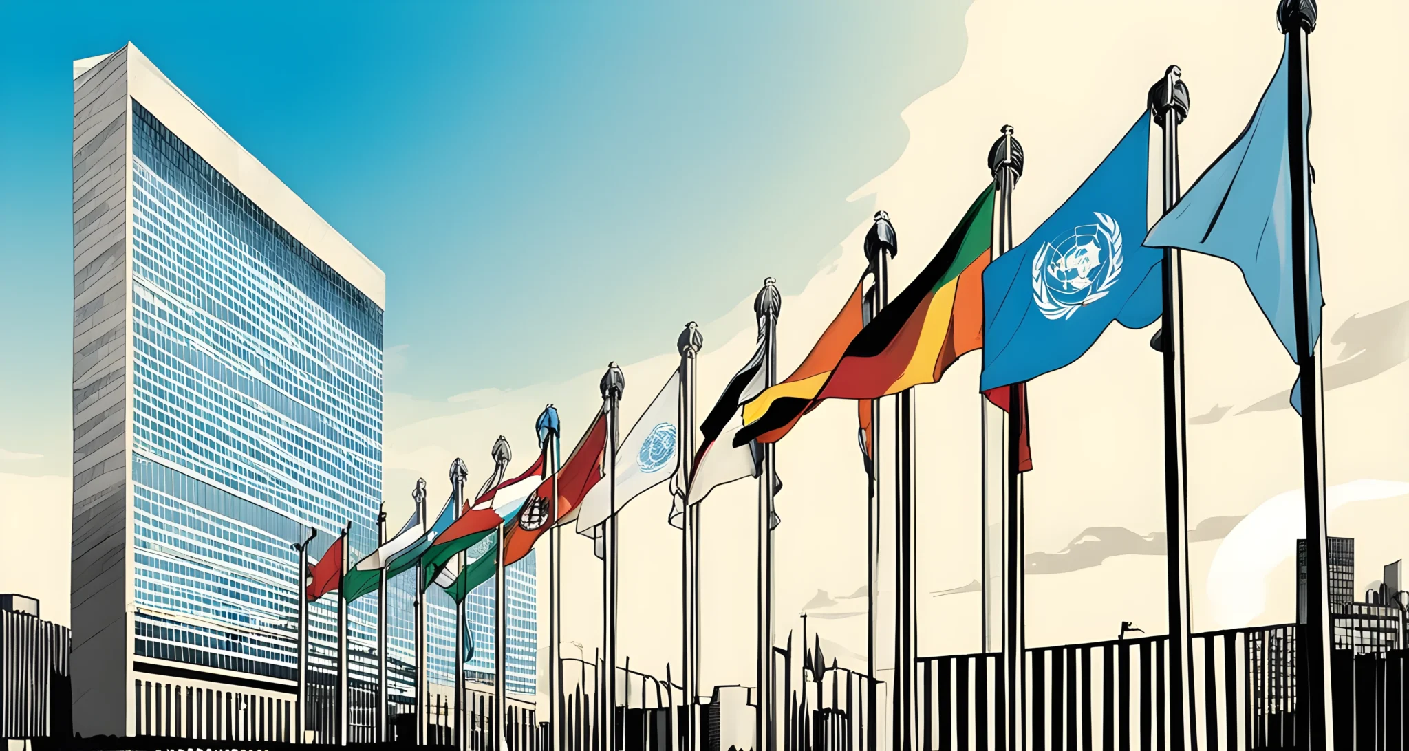 The image shows the United Nations flag flying outside the UN headquarters in New York City, with diplomats and officials gathered in front of the building.