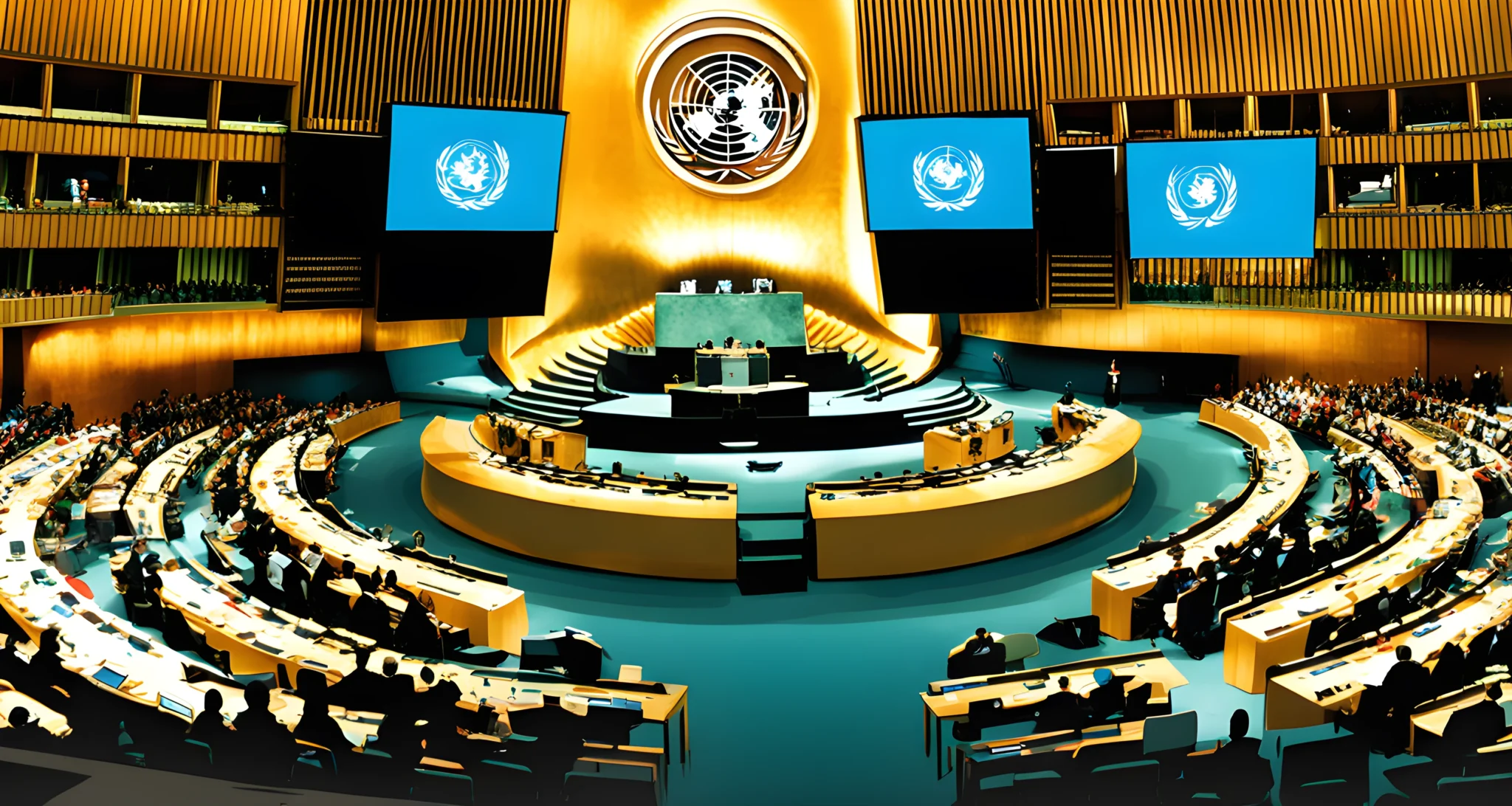 The image shows the United Nations General Assembly, featuring world leaders and diplomats from various countries.