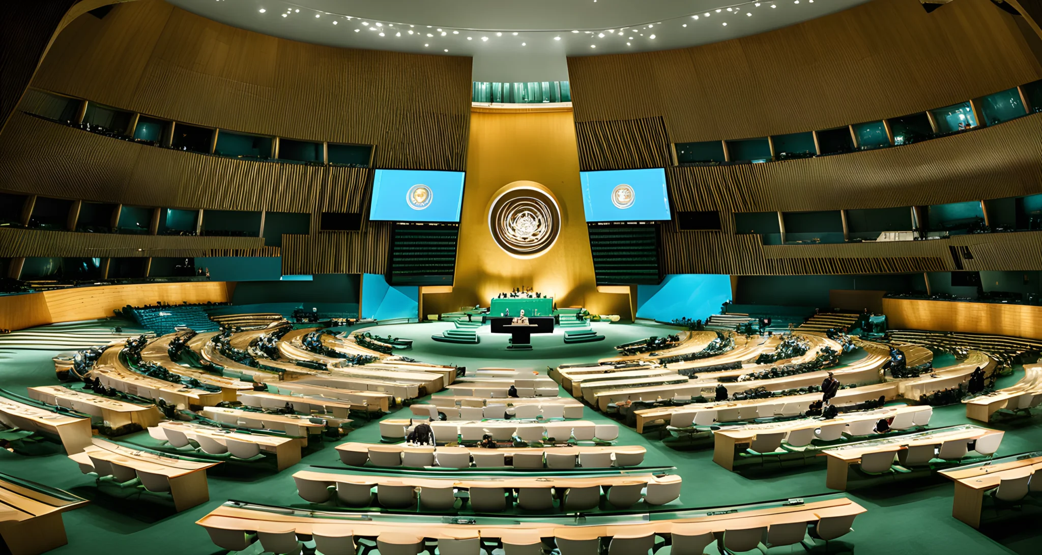 The image shows the United Nations General Assembly hall with the iconic green marble podium in the foreground and delegates from various nations seated in the background.