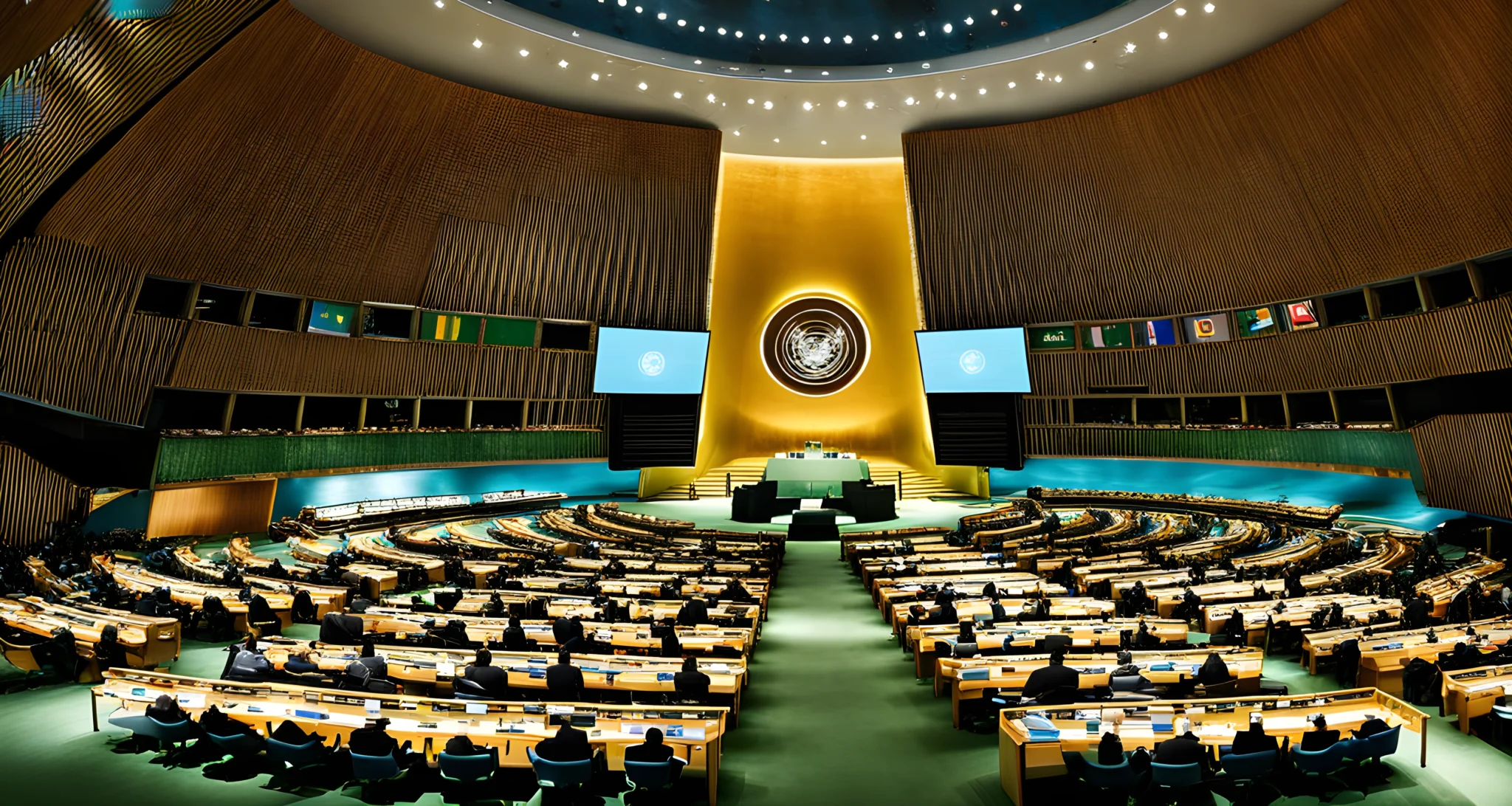 The image shows the United Nations General Assembly hall with member country flags prominently displayed.