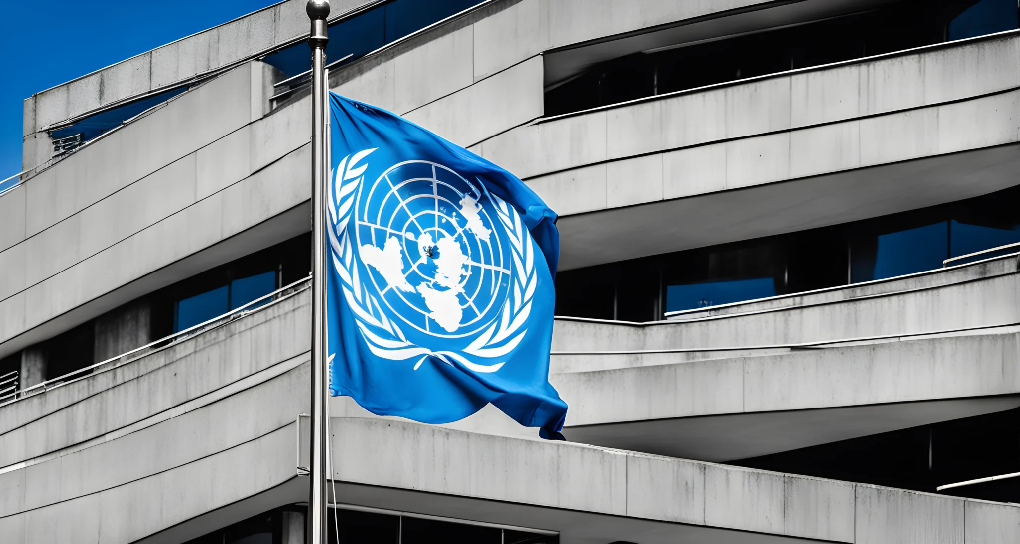 The image shows the United Nations headquarters building in New York City, with the iconic blue and white UN emblem prominently displayed on the facade.