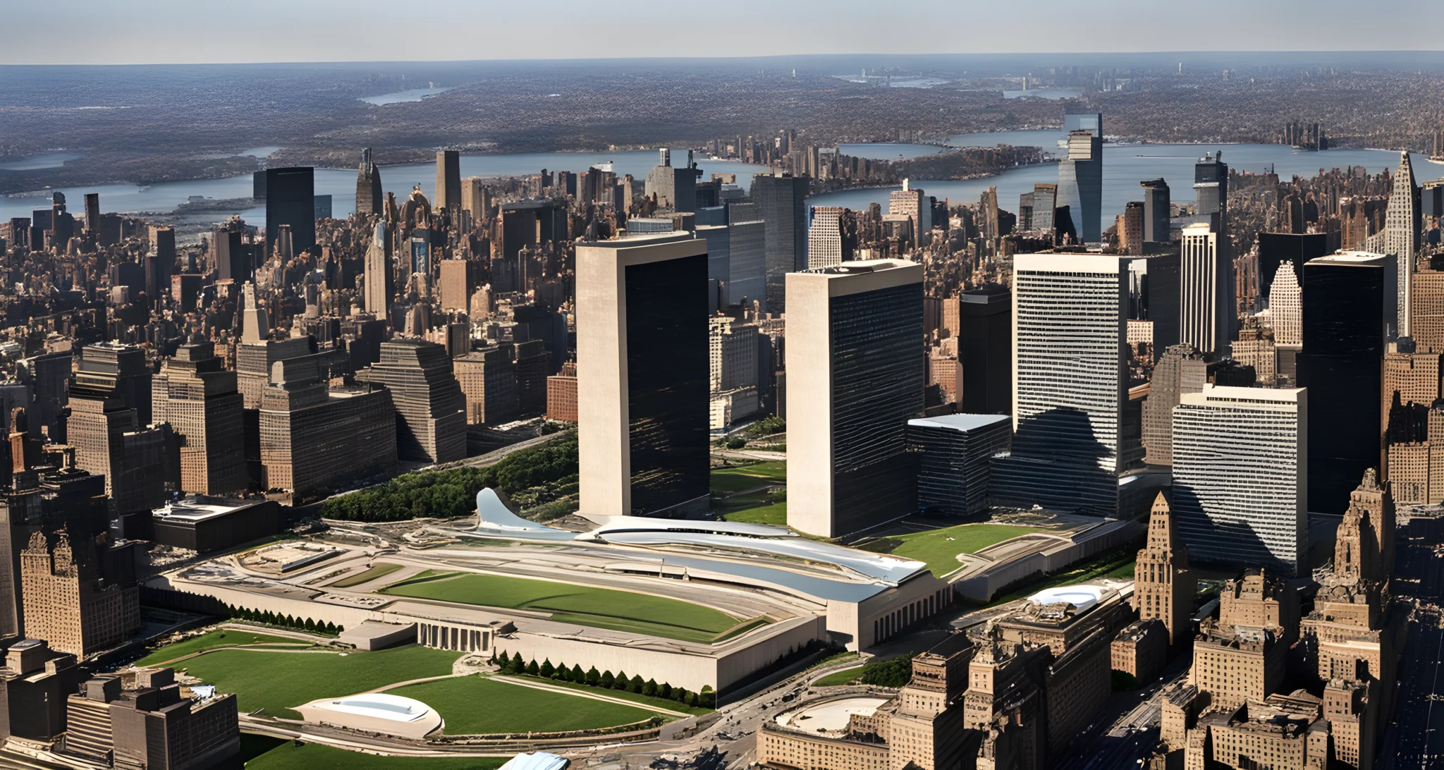 The image shows the United Nations headquarters in New York City, with the iconic General Assembly building and the surrounding complex.