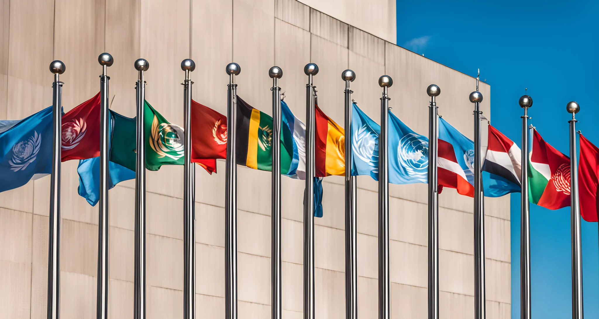 The image shows the United Nations headquarters in New York City, with the UN flag flying prominently in the foreground.