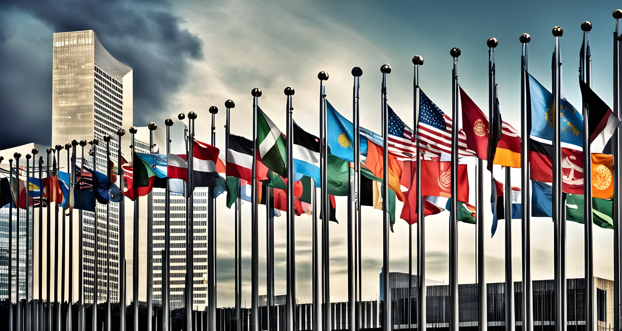 The image shows the United Nations headquarters in New York City, with the flags of various member countries displayed prominently.