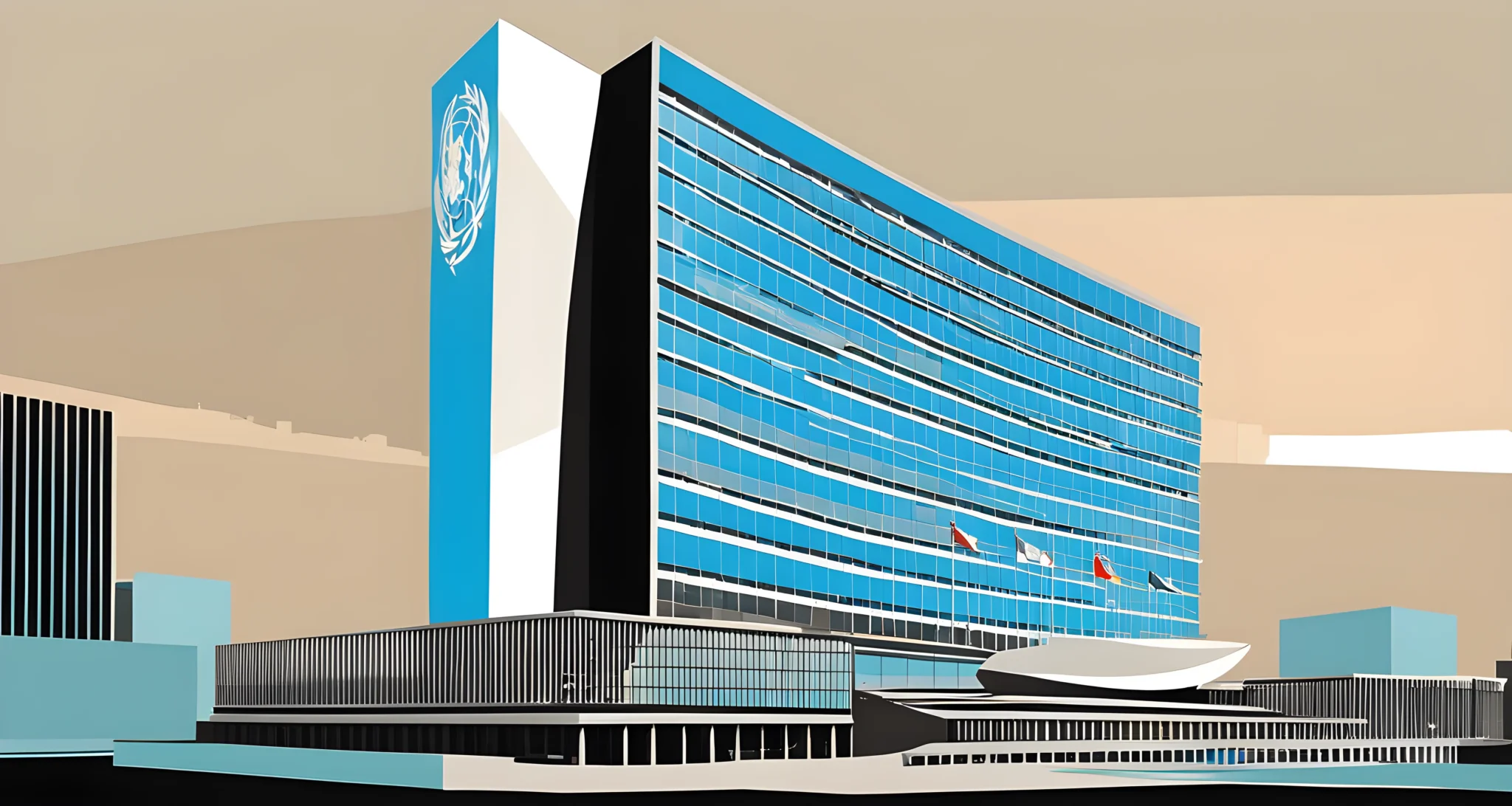 The image shows the United Nations headquarters in New York City, with the General Assembly Hall and the distinctive glass facade of the Secretariat building.