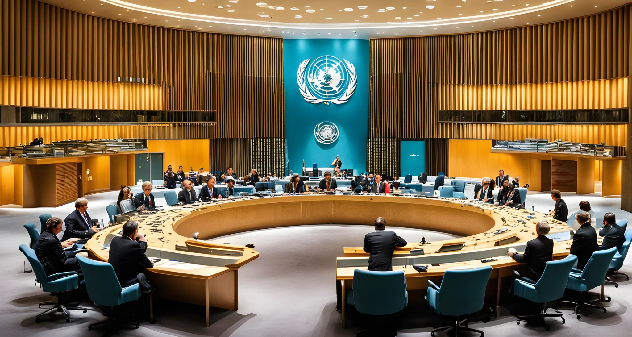 The image shows the United Nations headquarters in New York City, with a group of diplomats from various countries engaged in discussions.