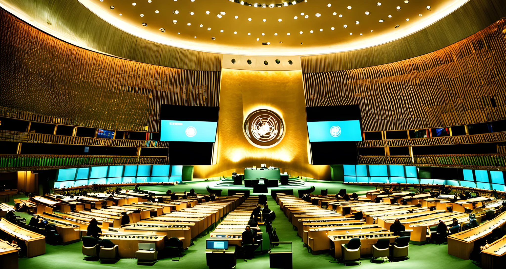 The image shows the United Nations headquarters in New York City, with a large assembly hall and rows of flags from member states.