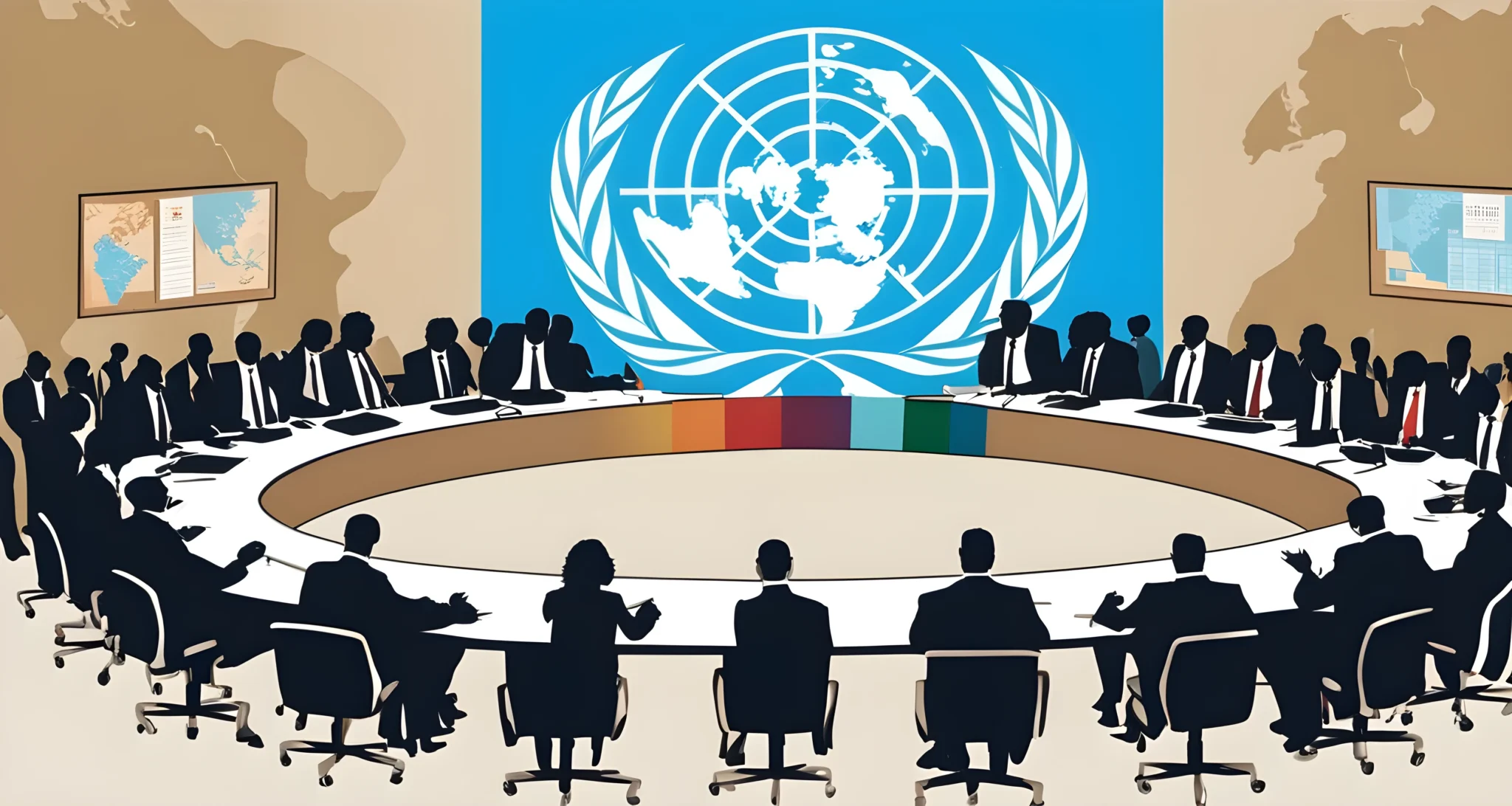 The image shows the United Nations logo, a world map, and a group of diverse people gathered around a conference table.