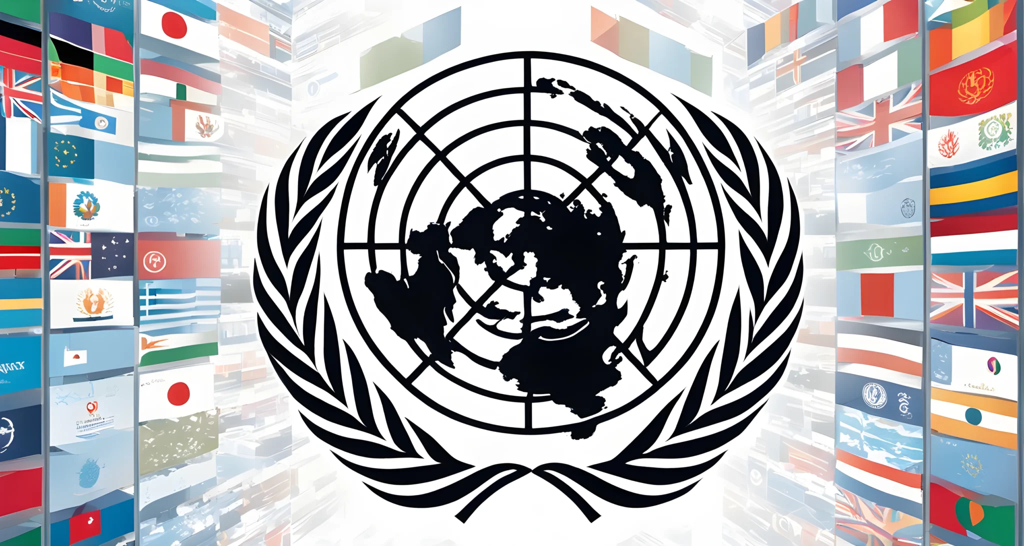 The image shows the United Nations logo, a world map, and the UN General Assembly hall.