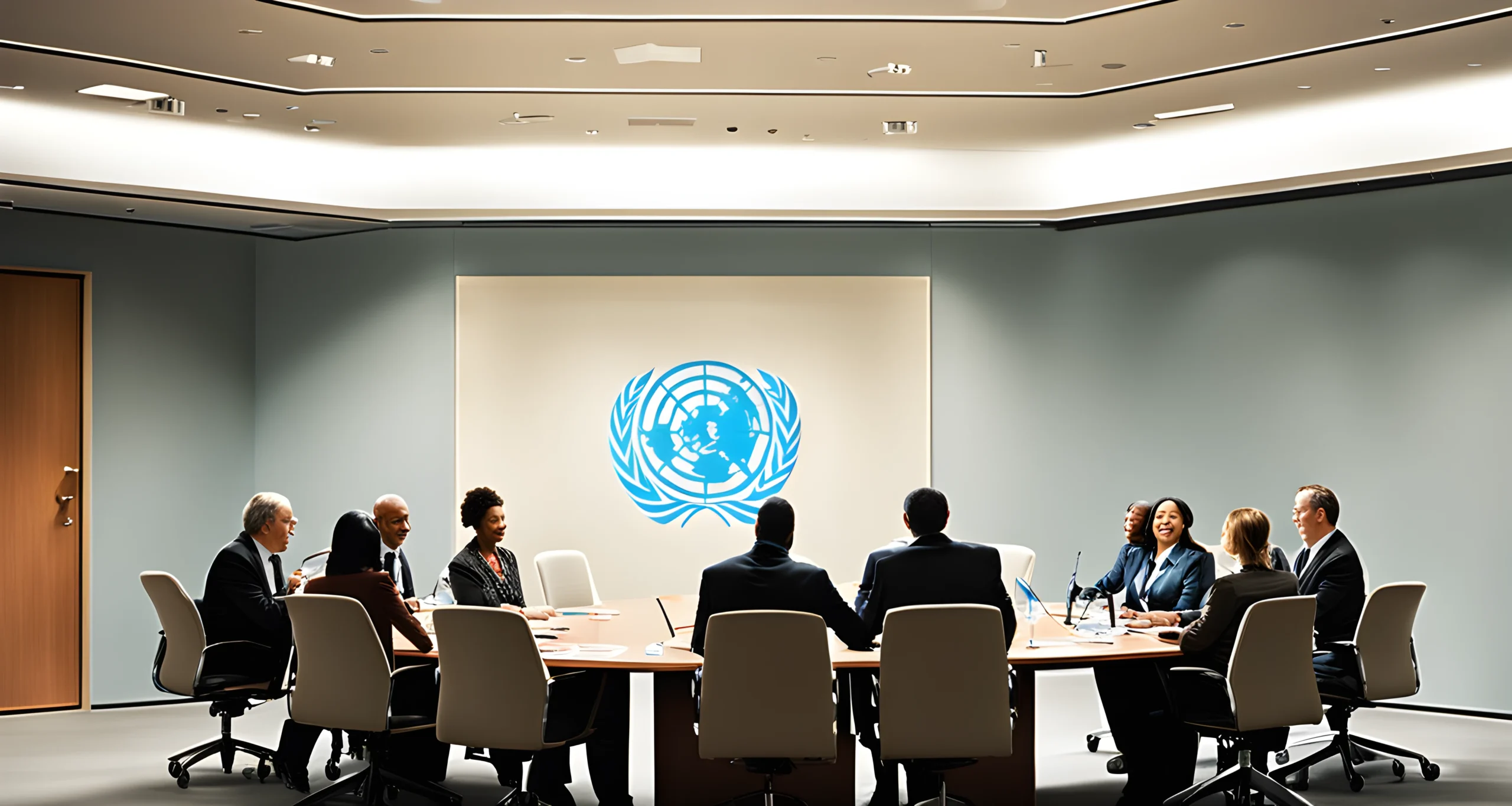 The image shows the United Nations logo and a group of diverse individuals meeting in a conference room.