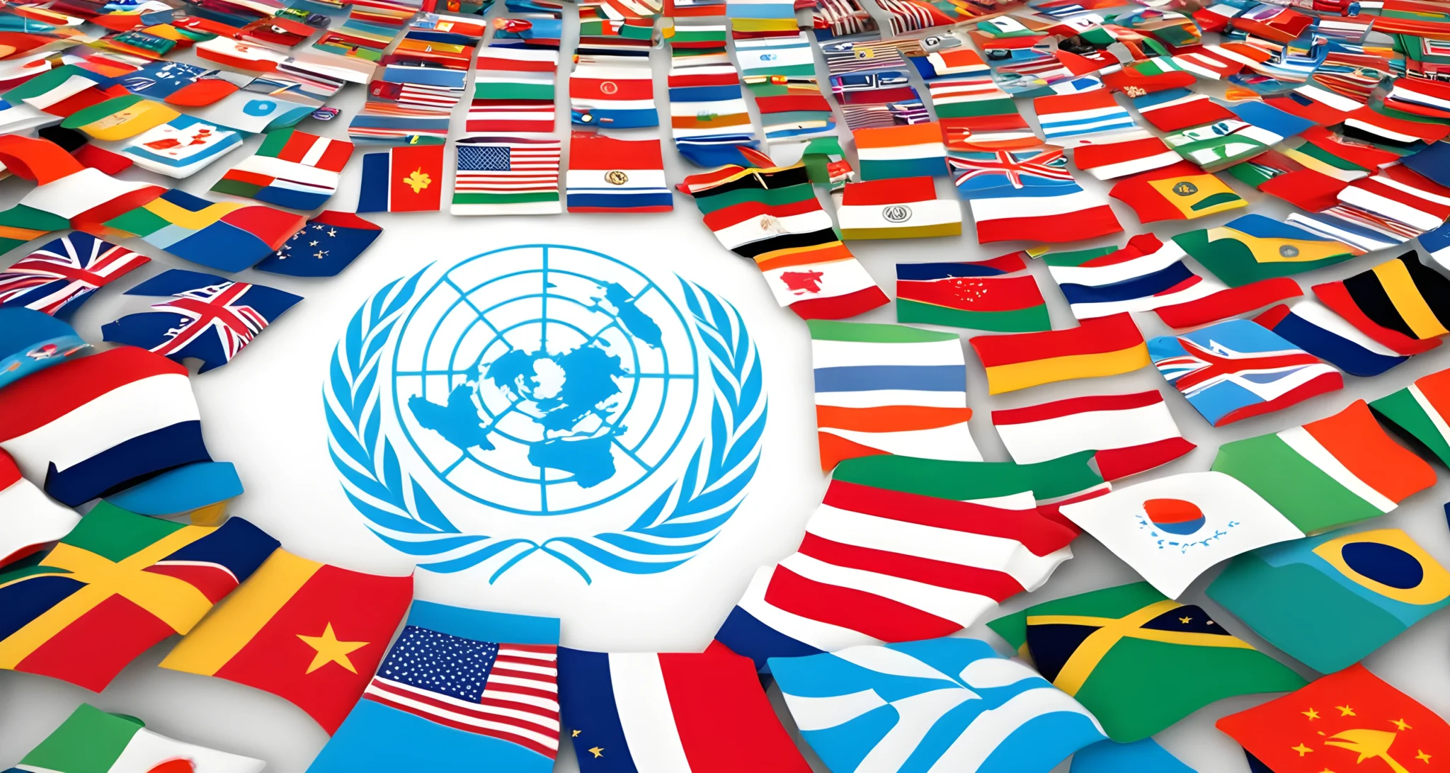 The image shows the United Nations logo surrounded by flags of member countries.