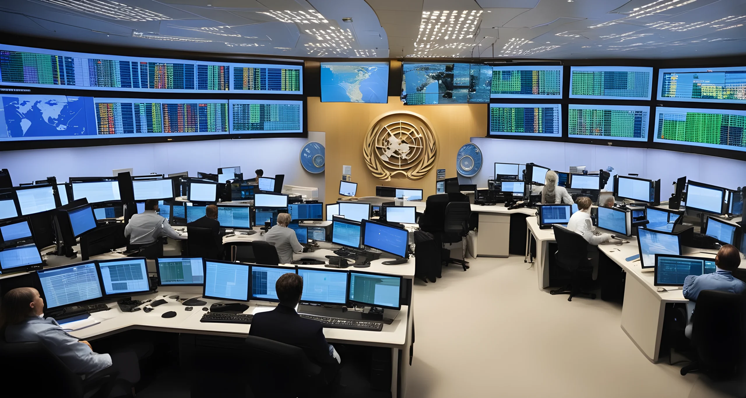 The image shows the World Health Organization logo and staff in a control center monitoring global health data.