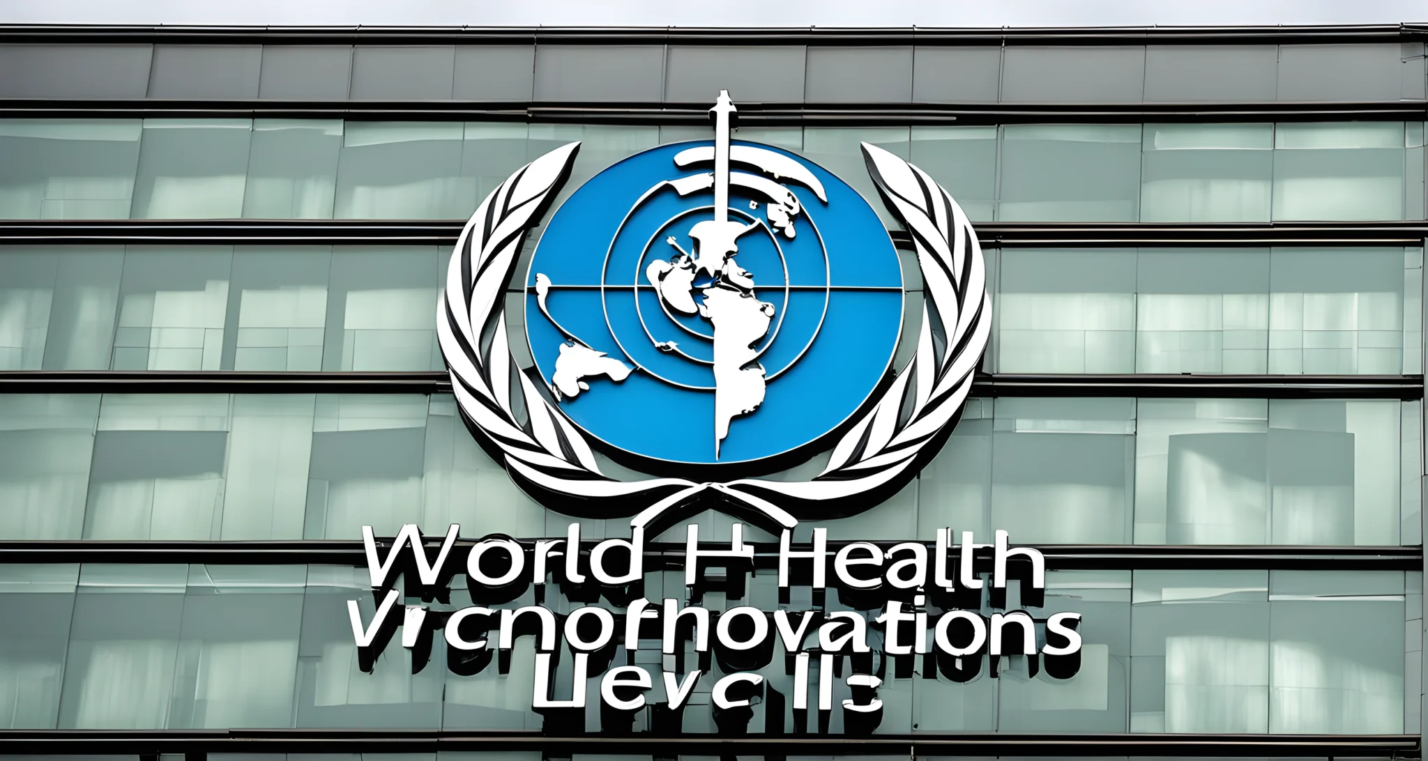 The image shows the World Health Organization's logo prominently displayed on a large sign at their headquarters in Geneva, Switzerland.