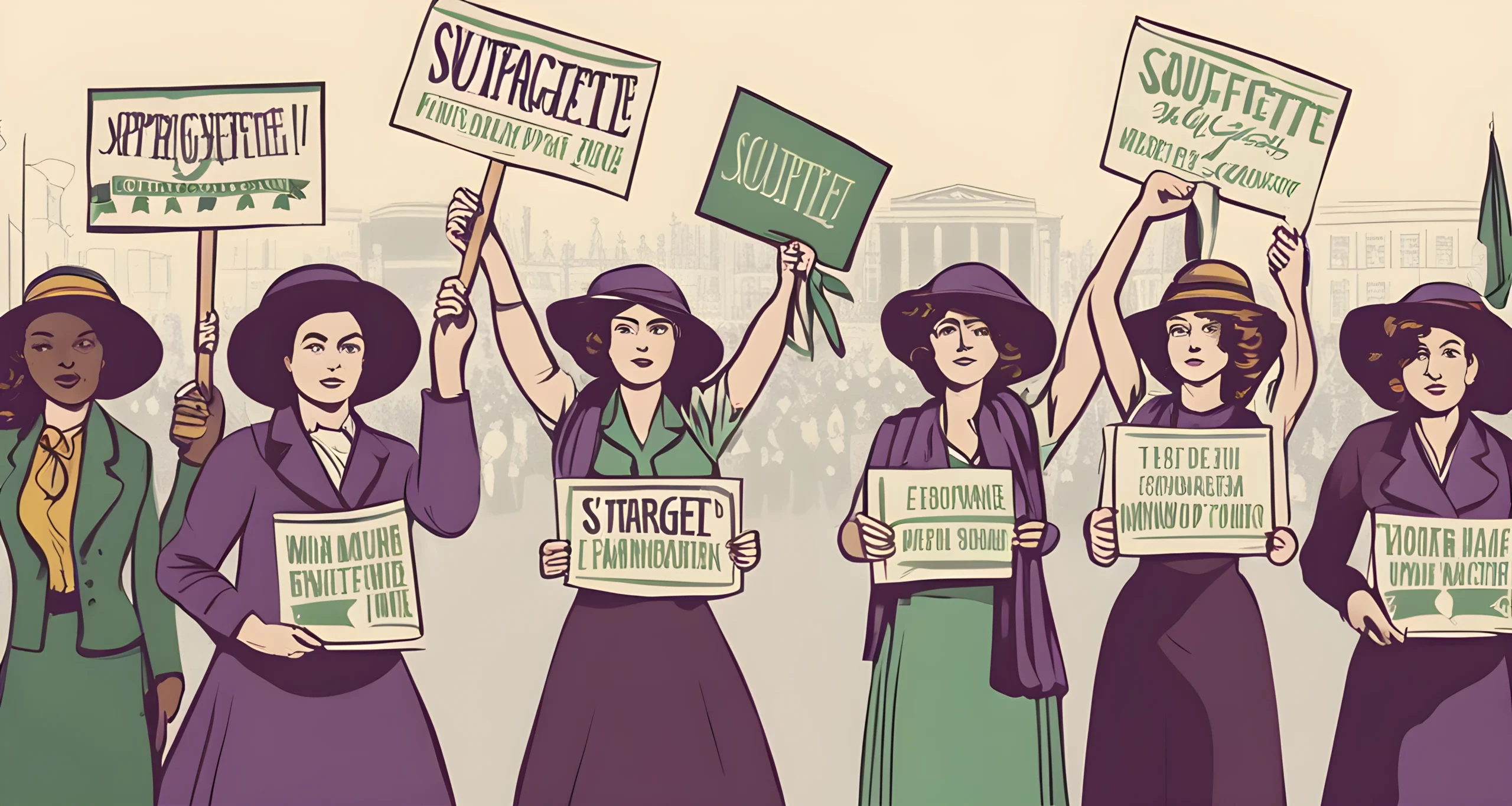 The image shows women wearing suffragette sashes and holding signs at a protest.