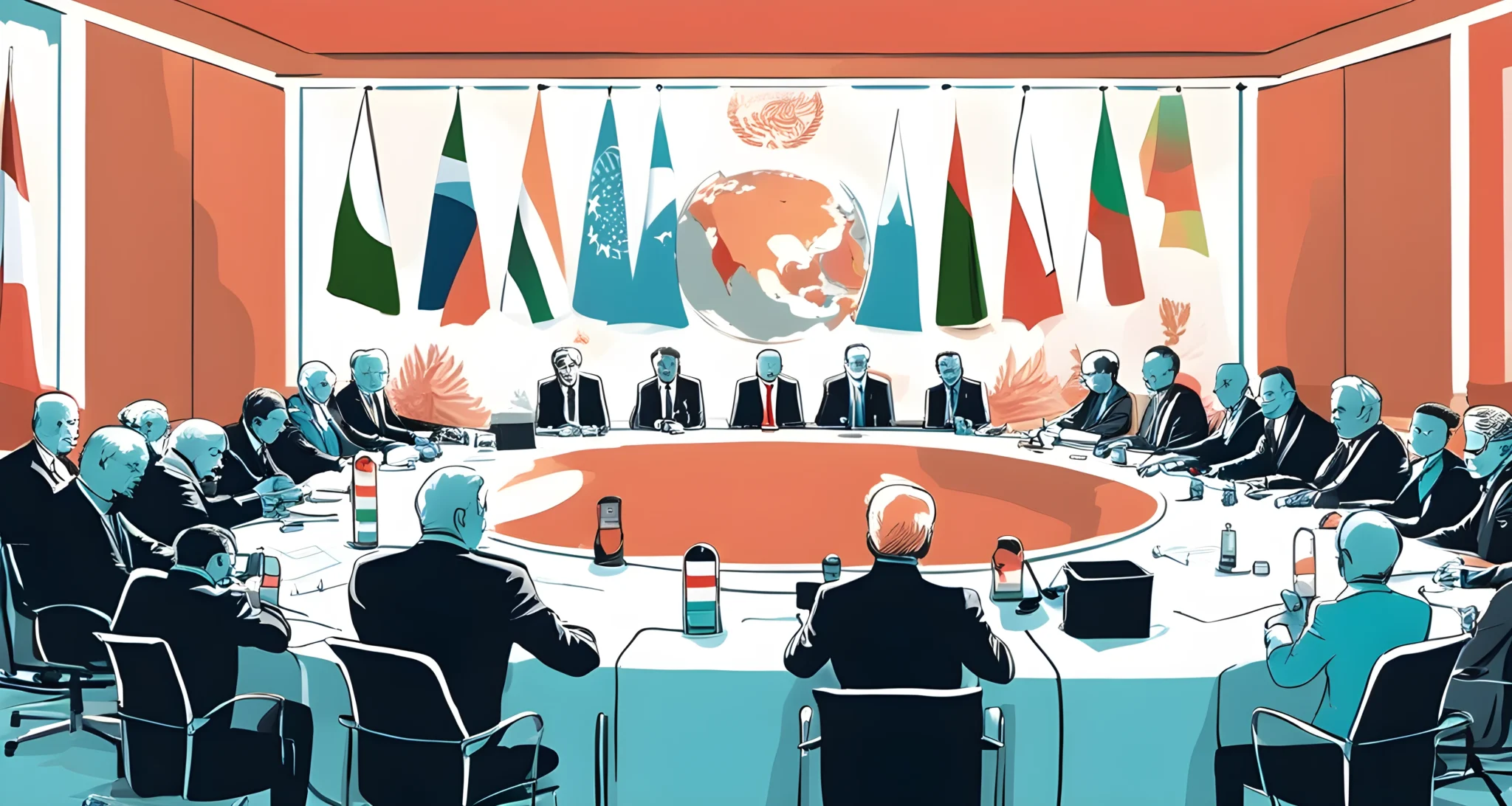 The image shows world leaders gathered around a table at a climate change conference, with microphones and flags representing different countries.