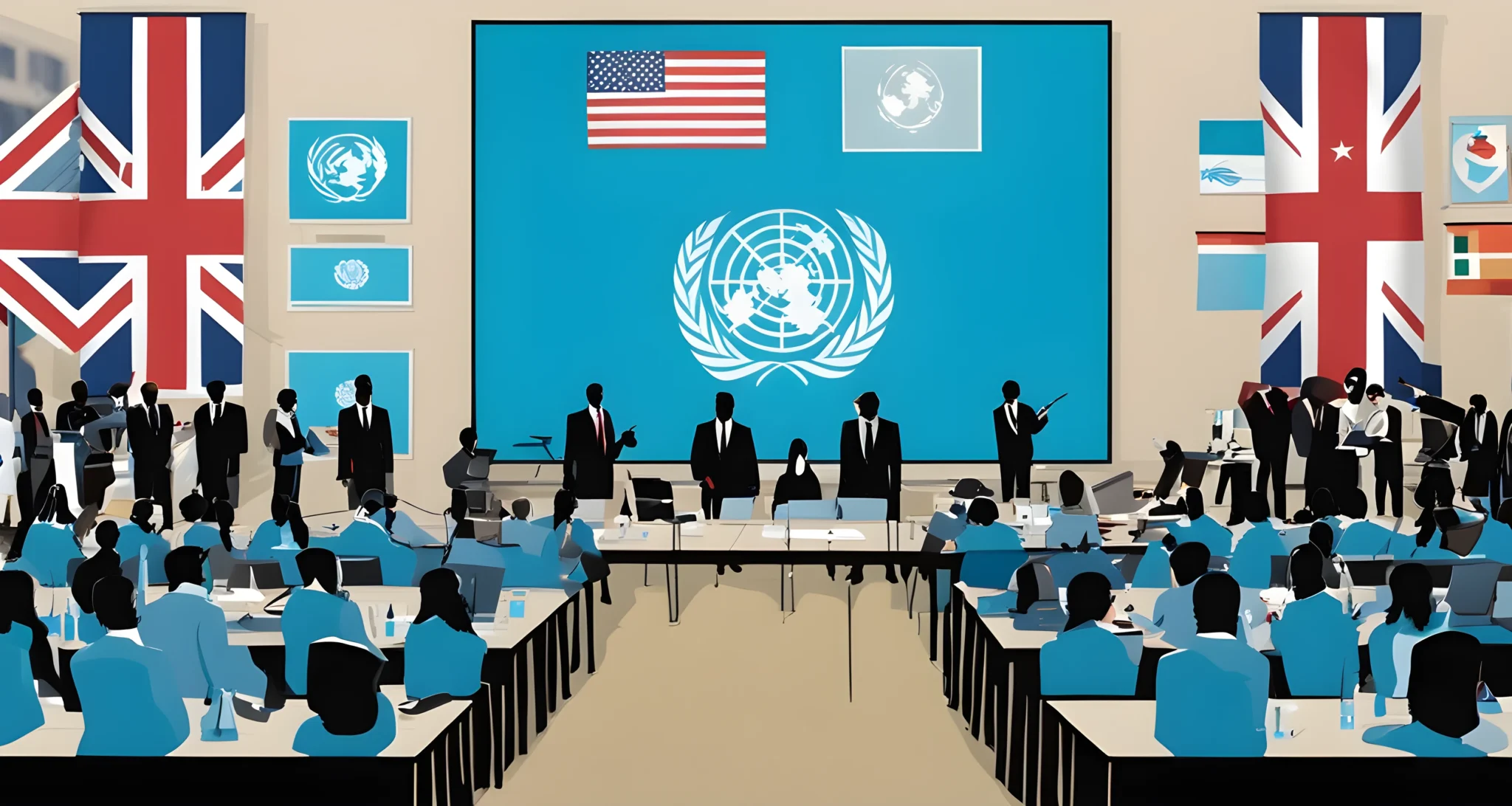 The United Nations flag and a group of delegates at a summit.