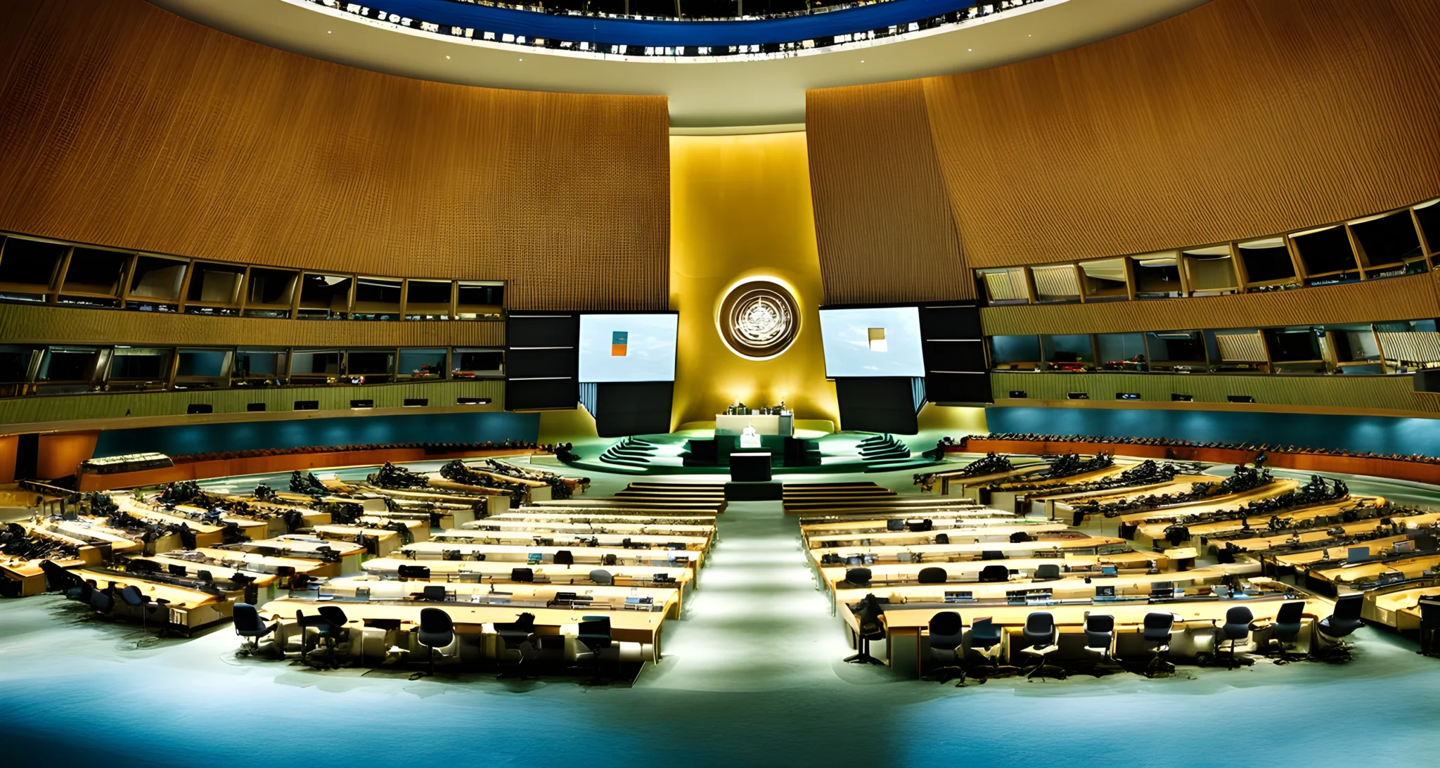 The United Nations flag and General Assembly hall.