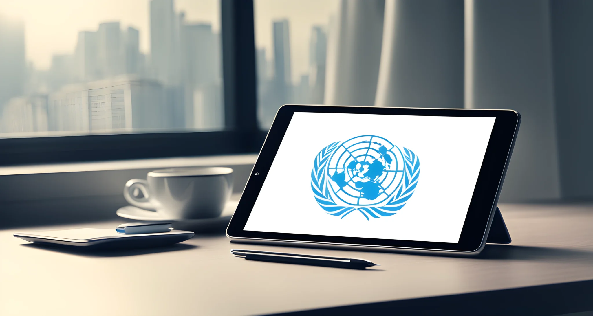 The United Nations logo and a modern computer tablet on a desk.