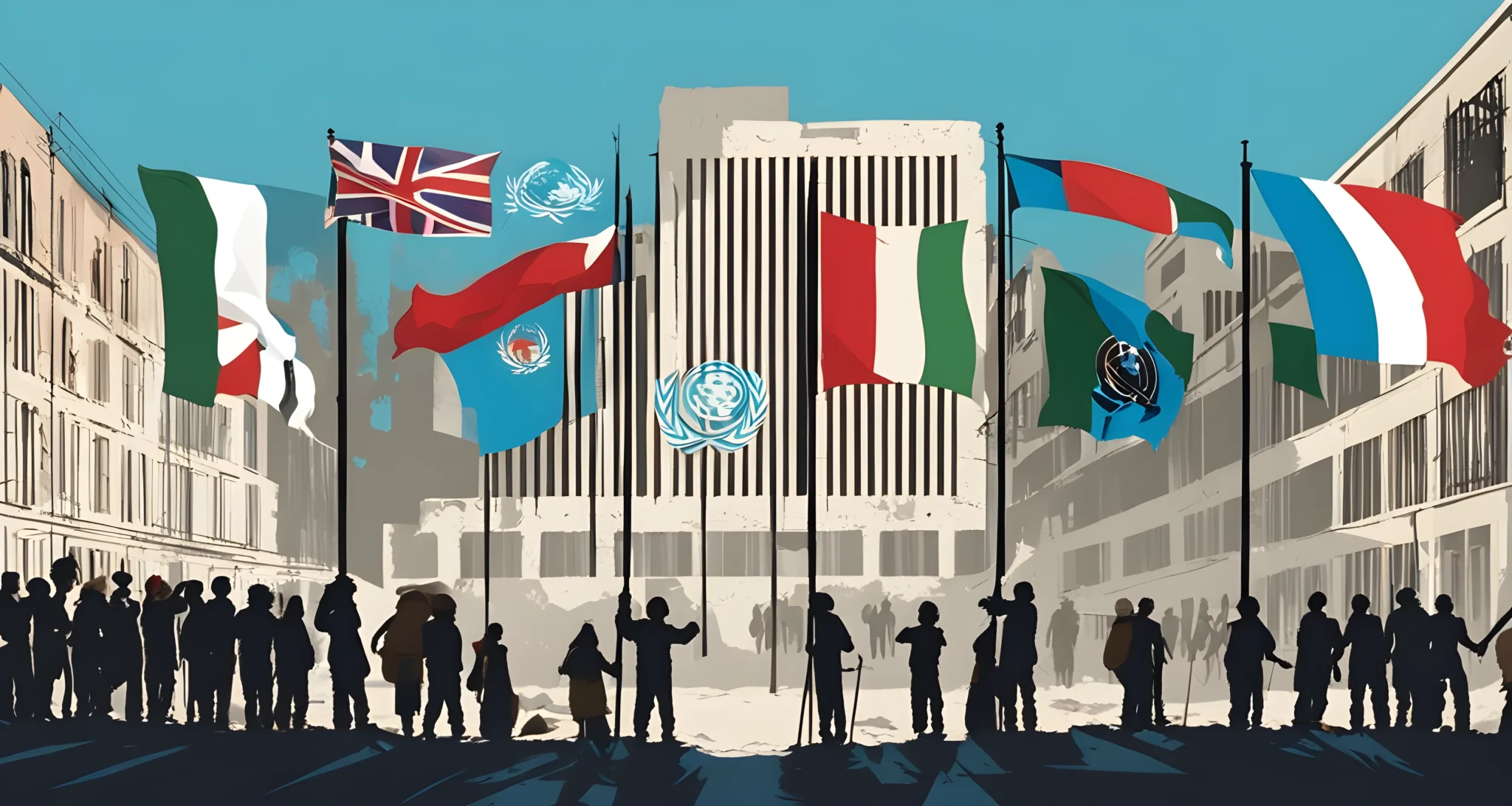 - United Nations flag - Group of people - Ruined buildings